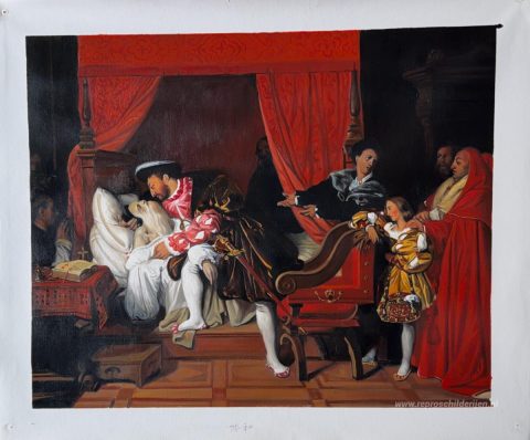 Dood van Leonardo da Vinci – met de hand geschilderde reproductie, foto van het voltooide schilderij