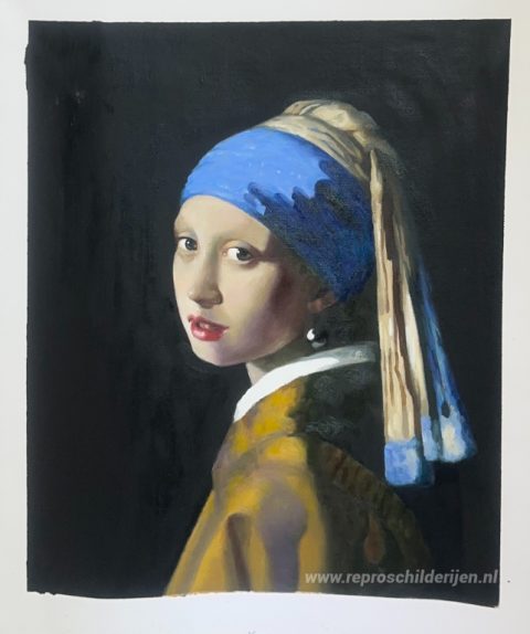 Het meisje met de parel – met de hand geschilderde reproductie, foto van het voltooide schilderij