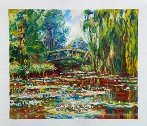 Waterlelievijver en brug – met de hand geschilderde reproductie, foto van het voltooide schilderij