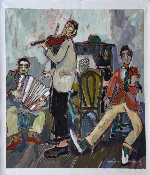Muzikanten – met de hand geschilderde reproductie, foto van het voltooide schilderij