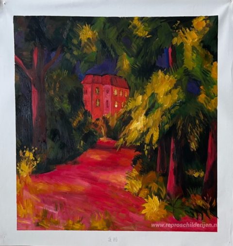 Rood huis in park – met de hand geschilderde reproductie, foto van het voltooide schilderij