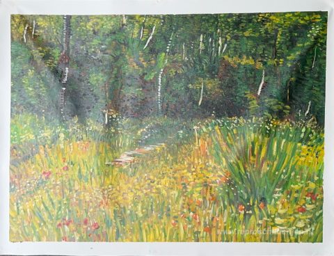 Parkeer in Asnières in de lente – met de hand geschilderde reproductie, foto van het voltooide schilderij