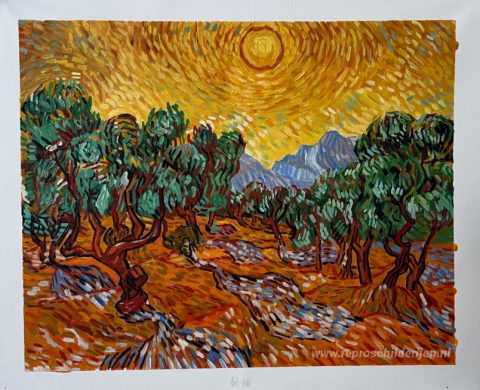 Olijfbomen met gele lucht en zon – met de hand geschilderde reproductie, foto van het voltooide schilderij
