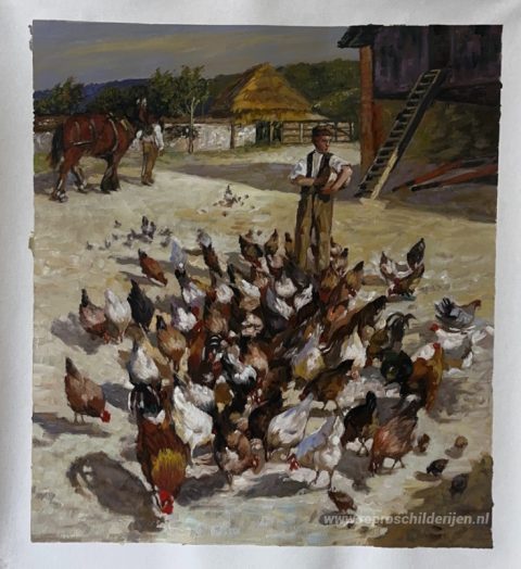 Een Sussex-boerderij – met de hand geschilderde reproductie, foto van het voltooide schilderij