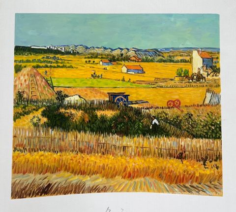 Oogst in La Crau, met Montmajour op de achtergrond – met de hand geschilderde reproductie, foto van het voltooide schilderij