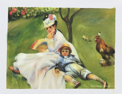 Camille Monet en haar zoon Jean in de tuin van Argenteuil – met de hand geschilderde reproductie, foto van het voltooide schilderij