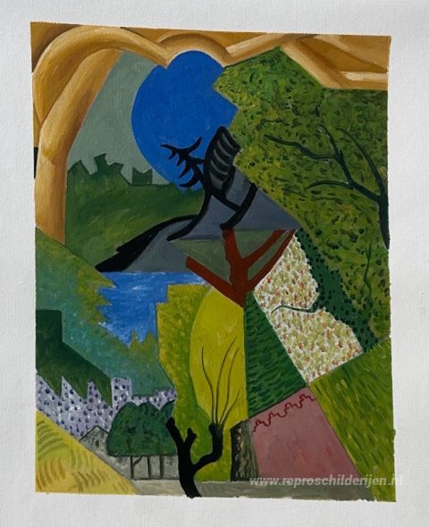 Landschap met roze Lambrequin – met de hand geschilderde reproductie, foto van het voltooide schilderij