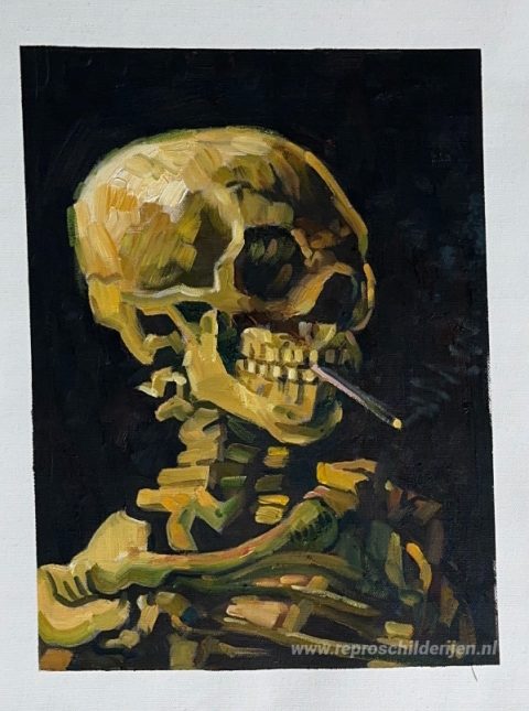 Schedel met brandende sigaret – met de hand geschilderde reproductie, foto van het voltooide schilderij