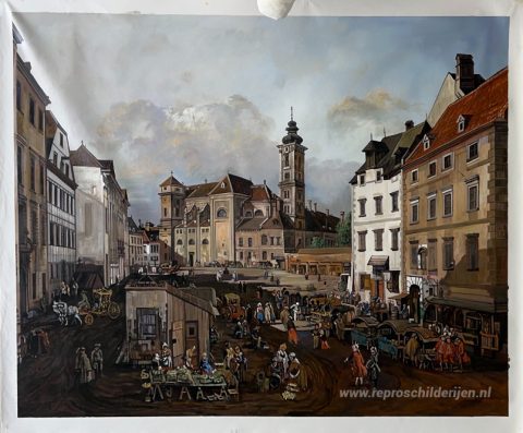 Freyung in Wenen, Uitzicht vanuit het zuidoosten – met de hand geschilderde reproductie, foto van het voltooide schilderij