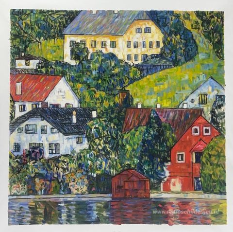 Huizen in Unterach aan de Attersee – met de hand geschilderde reproductie, foto van het voltooide schilderij