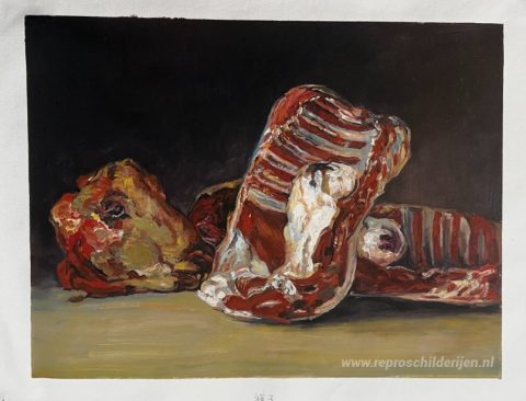 Stilleven van schapenribben en kop - The Butcher's conter – met de hand geschilderde reproductie, foto van het voltooide schilderij