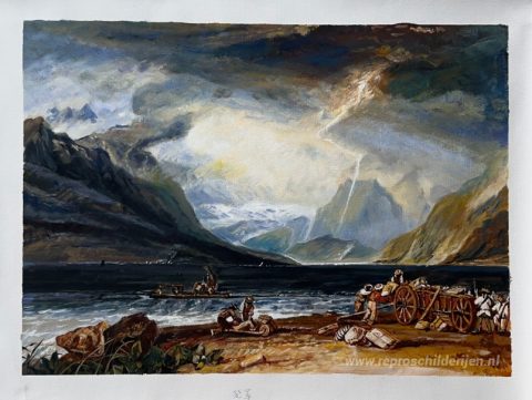 Het Meer van Thun, Zwitserland – met de hand geschilderde reproductie, foto van het voltooide schilderij