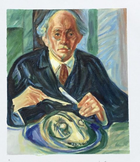 Zelfportret met het hoofd van de kabeljauw – met de hand geschilderde reproductie, foto van het voltooide schilderij