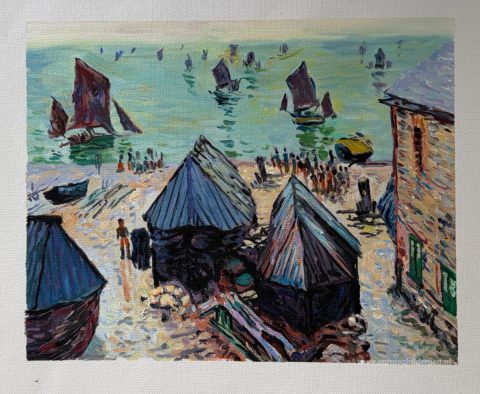 Het vertrek van de boten, Etretat – met de hand geschilderde reproductie, foto van het voltooide schilderij