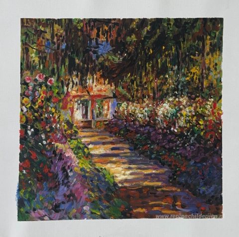 Weg in de tuin van Monet in Giverny – met de hand geschilderde reproductie, foto van het voltooide schilderij