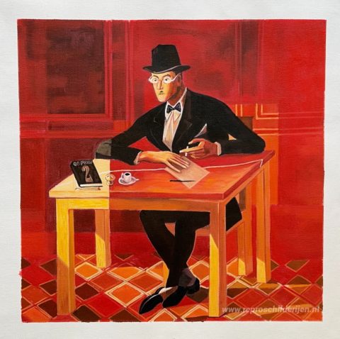 Portret van Fernando Pessoa – met de hand geschilderde reproductie, foto van het voltooide schilderij