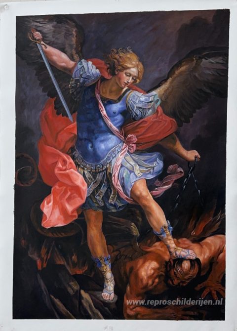 De aartsengel Michaël verslaat Satan – met de hand geschilderde reproductie, foto van het voltooide schilderij