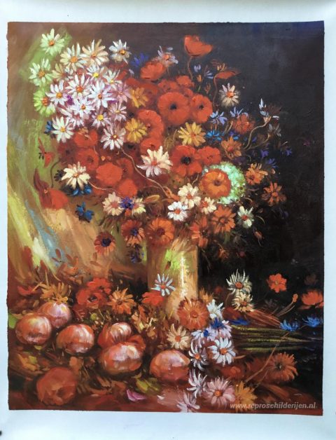 Vaas met klaprozen, korenbloemen, pioenrozen en chrysanten  – met de hand geschilderde reproductie, foto van het voltooide schilderij