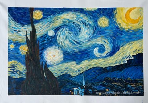 De Sterrennacht – met de hand geschilderde reproductie, foto van het voltooide schilderij