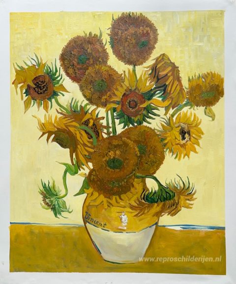 Stilleven - Vaas met vijftien zonnebloemen – met de hand geschilderde reproductie, foto van het voltooide schilderij