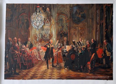 Fluitconcert met Frederik de Grote in Sanssouci – met de hand geschilderde reproductie, foto van het voltooide schilderij