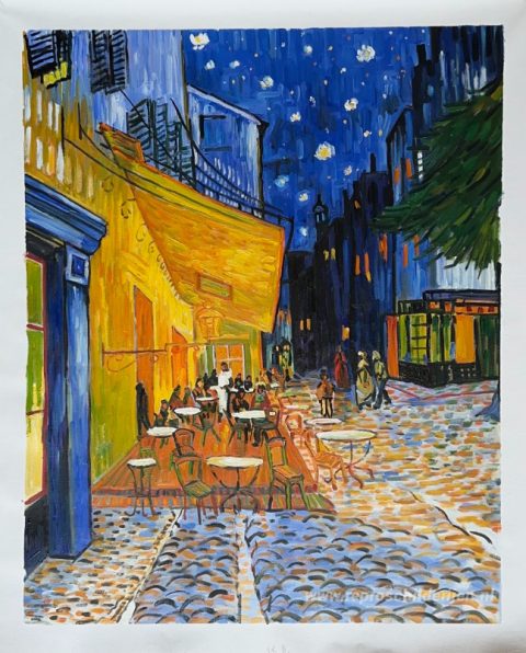 Caféterras bij nacht – met de hand geschilderde reproductie, foto van het voltooide schilderij