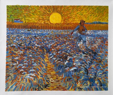 De zaaier (zaaier met ondergaande zon) – met de hand geschilderde reproductie, foto van het voltooide schilderij