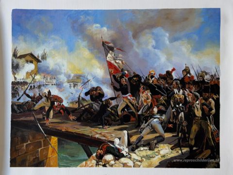 Napoleon Bonaparte leidt zijn troepen over de brug van Arcol – met de hand geschilderde reproductie, foto van het voltooide schilderij
