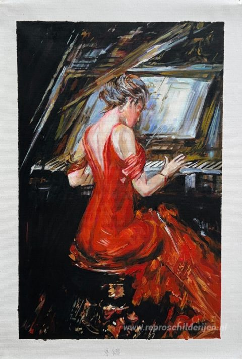 De vrouw in het rood – met de hand geschilderde reproductie, foto van het voltooide schilderij