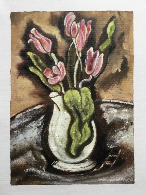 Vaas met tulpen – met de hand geschilderde reproductie, foto van het voltooide schilderij
