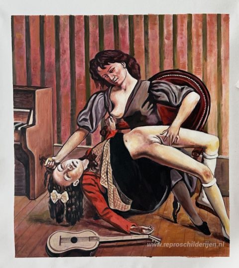 Gitaarles – met de hand geschilderde reproductie, foto van het voltooide schilderij