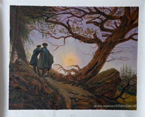 Twee mannen die naar de maan kijken – met de hand geschilderde reproductie, foto van het voltooide schilderij