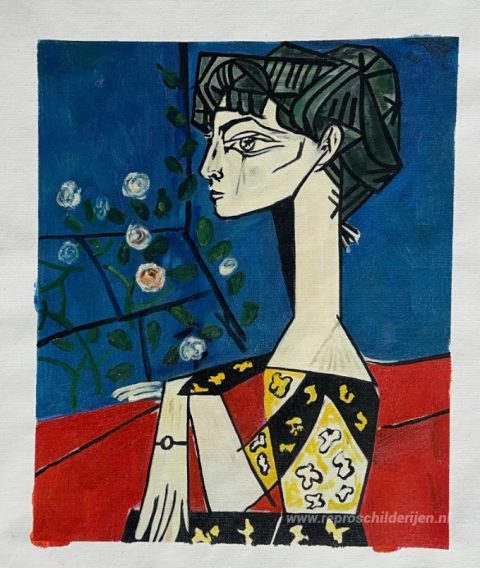 Jaqueline met bloemen – met de hand geschilderde reproductie, foto van het voltooide schilderij