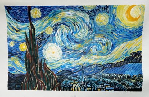 De Sterrennacht – met de hand geschilderde reproductie, foto van het voltooide schilderij