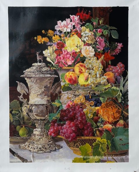 Stilleven met ochtendkopje  – met de hand geschilderde reproductie, foto van het voltooide schilderij