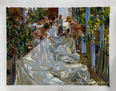 Het zeil herstellen – met de hand geschilderde reproductie, foto van het voltooide schilderij