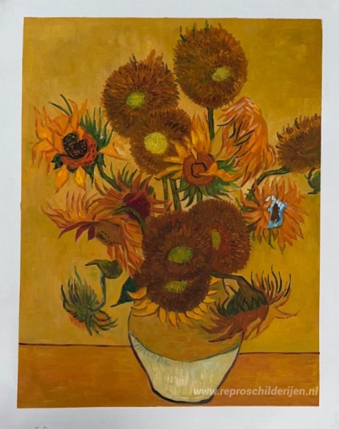 Stilleven - Vaas met vijftien zonnebloemen – met de hand geschilderde reproductie, foto van het voltooide schilderij