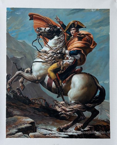 Napoleon steekt de Alpen over bij de Sint-Bernardpas, 20 mei 180 – met de hand geschilderde reproductie, foto van het voltooide schilderij