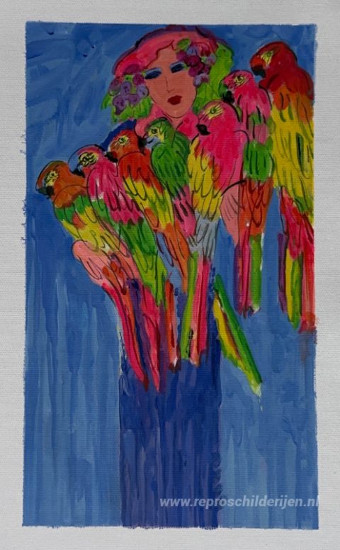 Blauwe Dame met Papegaaien – met de hand geschilderde reproductie, foto van het voltooide schilderij