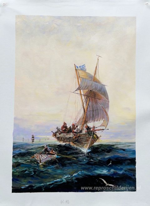 Vissersboot op woelig water – met de hand geschilderde reproductie, foto van het voltooide schilderij