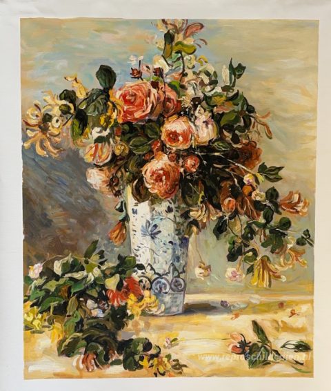 Rozen en Jasmijn in een Delftse Vaas – met de hand geschilderde reproductie, foto van het voltooide schilderij