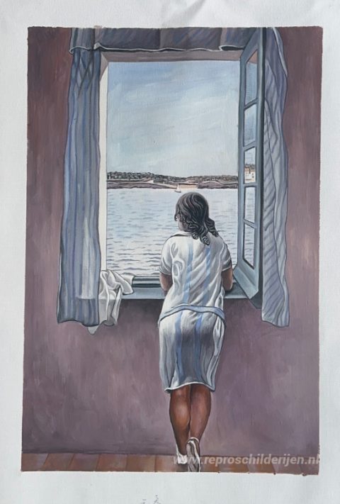Figuur bij een raam – met de hand geschilderde reproductie, foto van het voltooide schilderij