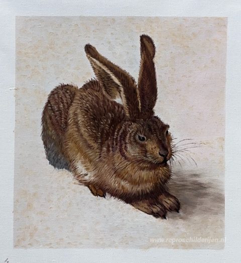 Een jonge haas  – met de hand geschilderde reproductie, foto van het voltooide schilderij