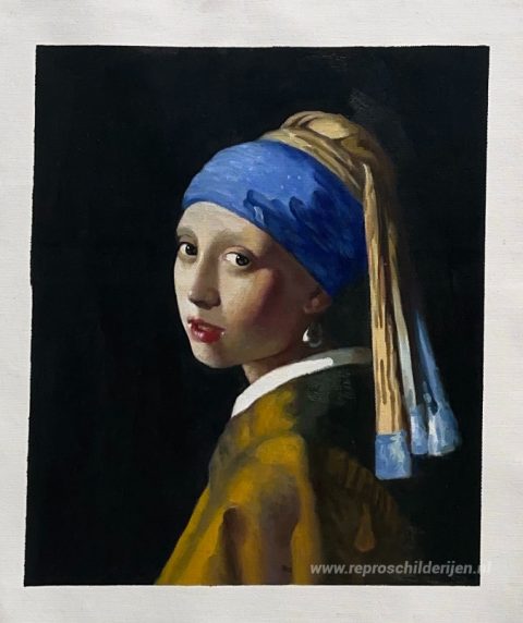 Het meisje met de parel – met de hand geschilderde reproductie, foto van het voltooide schilderij