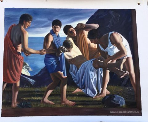 Achilles en het lichaam van Patroclus – met de hand geschilderde reproductie, foto van het voltooide schilderij