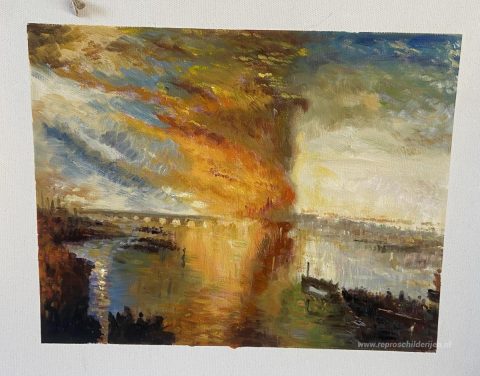 De verbranding van de parlementsgebouwen – met de hand geschilderde reproductie, foto van het voltooide schilderij