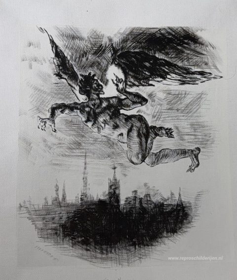 Mephistopheles over Wittenberg (uit Goethe's Faust) – met de hand geschilderde reproductie, foto van het voltooide schilderij