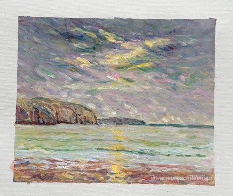 Kliffen bij zonsondergang – met de hand geschilderde reproductie, foto van het voltooide schilderij