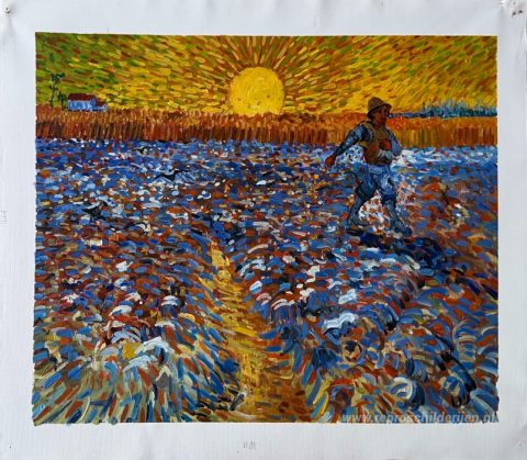 De zaaier (zaaier met ondergaande zon) – met de hand geschilderde reproductie, foto van het voltooide schilderij
