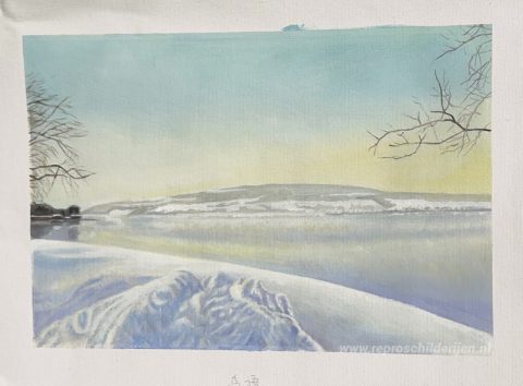 Blauwe winterdag met Schienerberg – met de hand geschilderde reproductie, foto van het voltooide schilderij